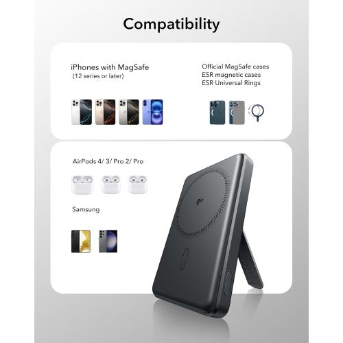 ESR for MagSafe Power Bank, Kickstand 6,000mAh MagSafe Portable Charger 0.6 in, Qi2 Certified 15W Ultra-Fast Battery Pack, 20W USB-C MagSlim Charger with Cable