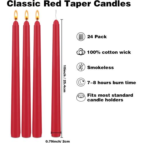 Red Taper Candles 24 Pack, 10 Inch Unscented Holiday Dinner Candles for Valentine's Day Table Decor, Wedding Centerpieces, Long-Lasting 7-8 Hour Burn Time, Premium Wax