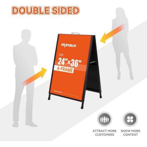 Heavy Duty A-Frame Sidewalks Signs 24×36 Inch，Sandwich Board Black Coated Steel Metal Portable Double-Sided，Slide-in Folding (24×36 Double Side （flat-pack）)