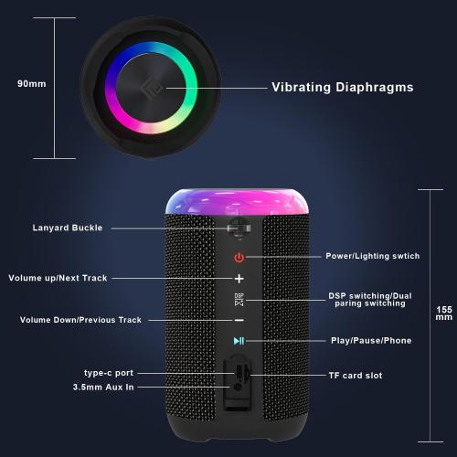 Portable Bluetooth Speaker, Stereo Sound Wireless Speakers with IPX7 Waterproof, LED Lights, Dual Pairing Speaker for Party/Home/Outdoor/Beach, Birthday Gift, Black, A7 Arance4