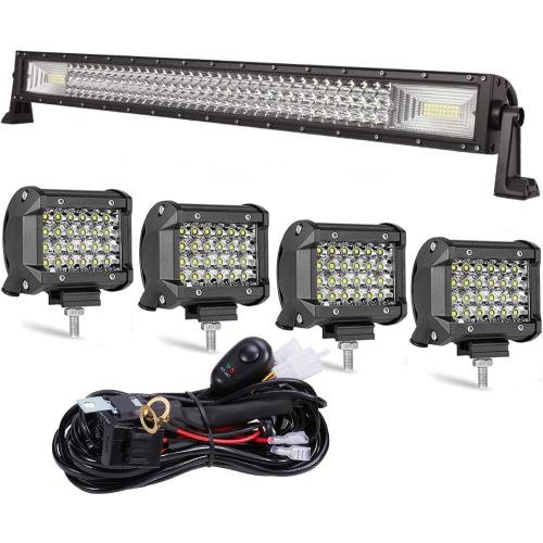 LED Straight Light Bar,32inch 459W  4pcs 72W Led Pods Tri Row Lens Flood Spot Combo Beam Led Driving Lights Super Bright Off Road Lights with Wiring Harness for Trucks UTV ATV Boat