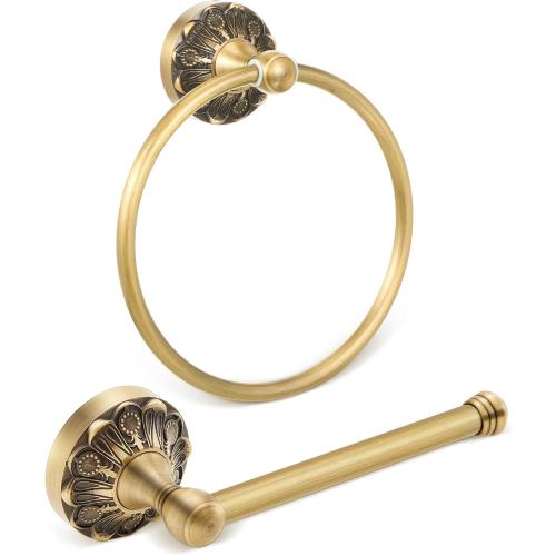 2 Pieces Set Antique Brass Toilet Paper Holder Retro Brass Hand Towel Ring Tissue Roll Paper Hanger Bathroom Hardware Wall Mounted Vintage Bathroom Accessories (Round)