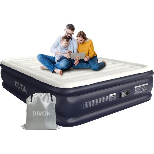 Beige and Navy Blue Air Mattress With Built In Pump, Raised Blow Up Mattress 2 Mins Self-Inflation/Deflation,Upgraded Thicker Inflatable Mattress，Air Bed with Storage Bag for Guests,Home，Camping，660 lbs Max