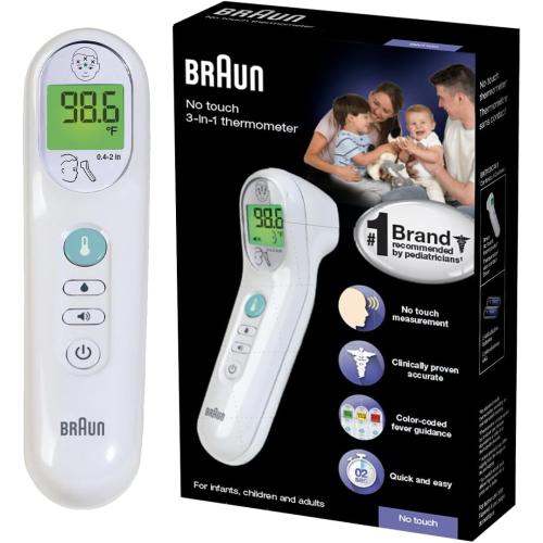 Braun No Touch 3-in-1 Thermometer, Measures Forehead, Liquid and Food Temps, Professional Accuracy and Color Coded Fever Guidance for Babies, Kids, Toddlers and Adults, FSA and HSA Eligible