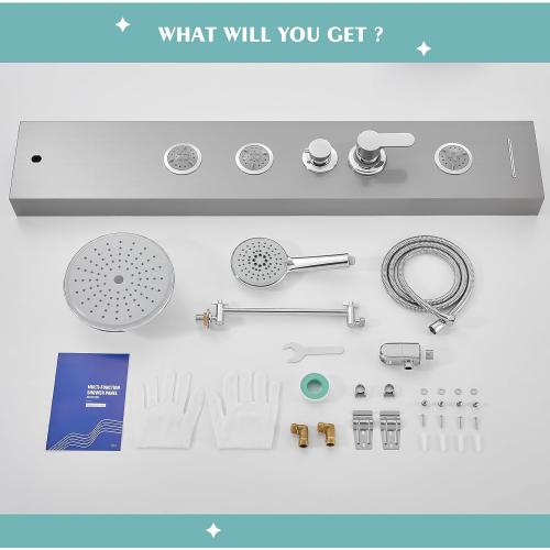 Shower Panel Tower System with Adjustable Shower Head, Self-Cleaning Shower Tower with 2-Setting Powerful Body Jets and 5-Function Handheld Shower, Shower Column Brushed Stainless Steel
