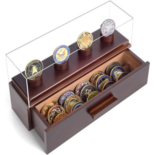 Challenge Coin Display Case, Military Coin Collection Holder with Wooden Coin Box, Drawers, and Clear Acrylic Lid – Gifts for Coins Collectors (4 Pillars)