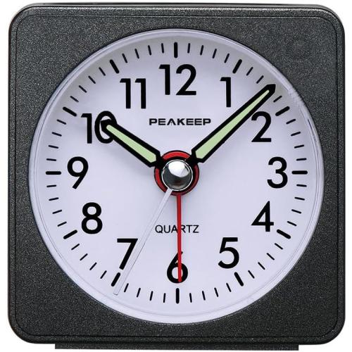 Peakeep Ultra Small, Battery Travel Alarm Clock with Snooze and Light, Silent with No Ticking Analog Quartz (Black)