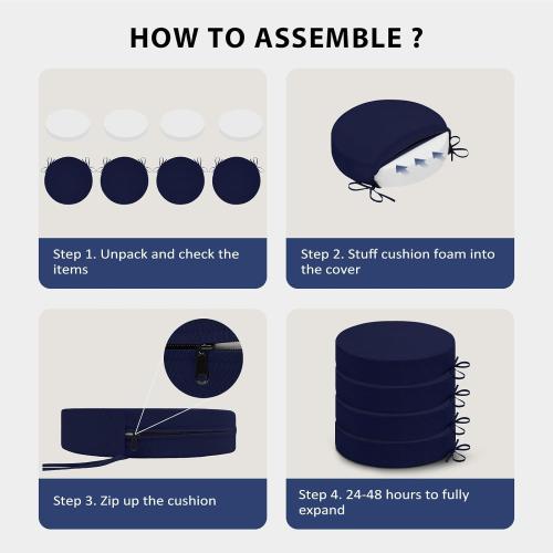 Cozyide Waterproof Outdoor Bistro Chair Cushions with Non-Slip Ties, Thickened Round Outdoor Cushions with Removable Covers, 4 Pack, 15x15x3, Navy