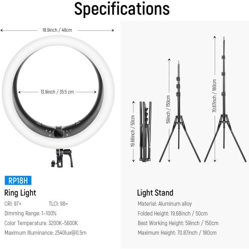 NEEWER Ring Light RP19H 19 Inch with Tripod Stand 3 Phone Holders Compatible with iPhone, Upgraded 2.4G Touch Control Ringlight for Video Recording Streaming Home Office Zoom Selfie Makeup Lighting