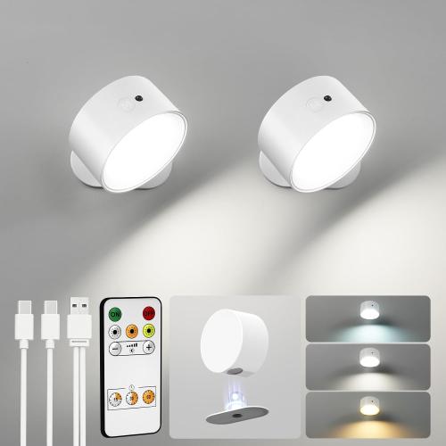 LED Wall Mounted Lights, Rechargeable Wall Sconces, 3 Color Temps, Remote & Touch, 360° Rotating and Dimmable for Bedroom, Bedside & Reading (White, 2 Pack)