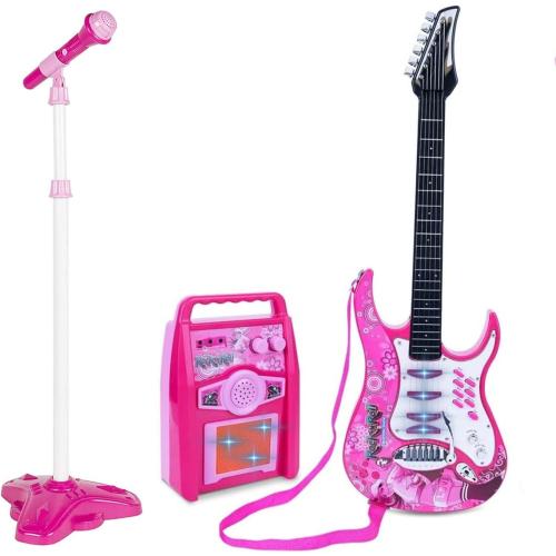Willbebest Kids Karaoke Microphone & Guitar Set - Electric Guitar with Microphone Amplifier for Boys & Girls (Pink)