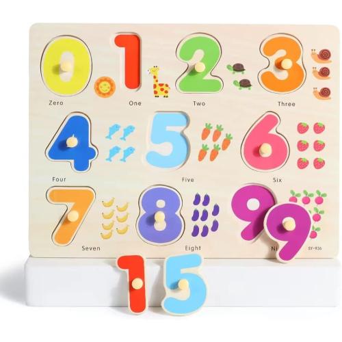 GRINNNIE Wooden Montessori Toddler Puzzles for 3 4 5 Years Old, 3 Pcs (Number, Letter, Shape) Kids Preschool Educational Peg Puzzle Set