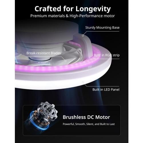 Orison 22 360° Oscillating Ceiling Fan with Light, Rotating Low Profile Flush Mount Ceiling Fan, Smart RGB Ceiling Fans, Alexa&Google Compatible, Dimmable LED, APP/Remote, Modern for Bedroom, White