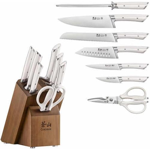 Cangshan Rainier Series 8-Piece Knife Block Set, Forged German Steel, Acacia Block (White)
