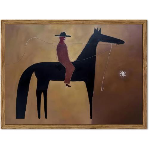 Vintage Western Cowboy Wall Art Abstract Southwestern Horse Wall Decor Painting, Mid Century Cowboy Poster Canvas Print Picture for Living Room Bedroom 16x24 inch Wood Framed