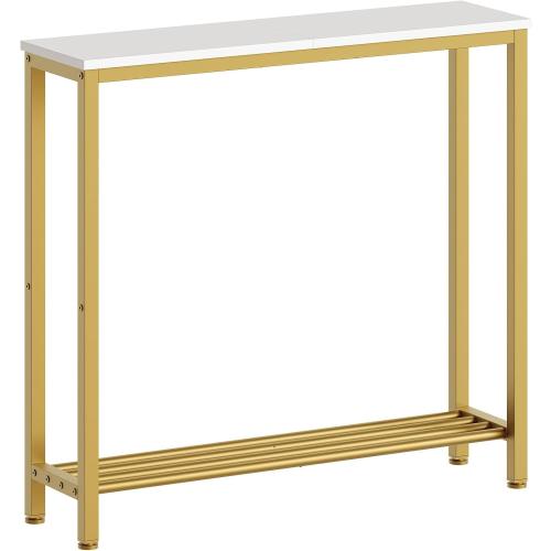 YATINEY Narrow Console Table, 2-Tier Small Sofa Table, 29.5 Thin Entryway Behind Couch Table with Shelves, Industrial Hallway Table, for Living Room, Foyer, White and Gold CT03DW
