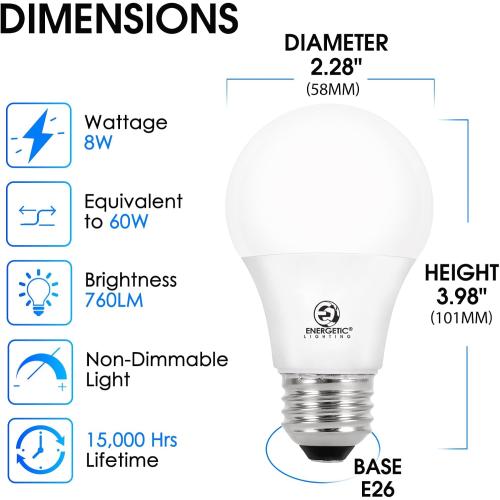 Energetic 24-Pack A19 LED Light Bulb, 60 Watt Equivalent, Daylight 5000K, E26 Medium Base, Non-Dimmable LED Light Bulb, ETL Listed