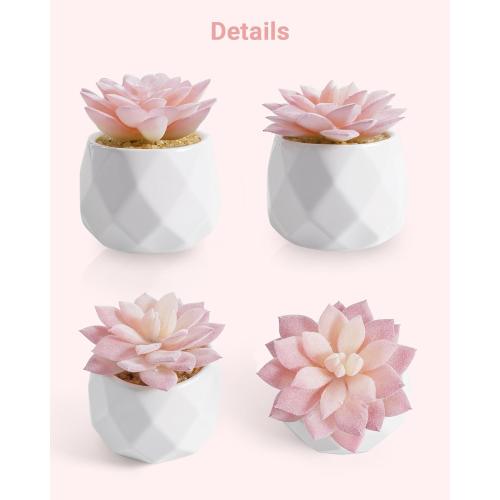 VIVERIE Mini Succulents Plants Artificial in Pots-Rose Pink, Christmas Small Fake Succulents Plants for Home Decor Indoor for Women, White Ceramic Faux Succulents, Set of 2, Gifts for Mom