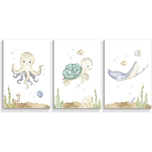 Wodkwq Nursery Wall Art Sea Animal Canvas Prints Baby Girl Boy Room Decor Watercolor Paintings Pictures Cute Ocean Theme Toddler Room Decoration Set of 3 for Kids Bedroom Bathroom 23.5x15in Unframed
