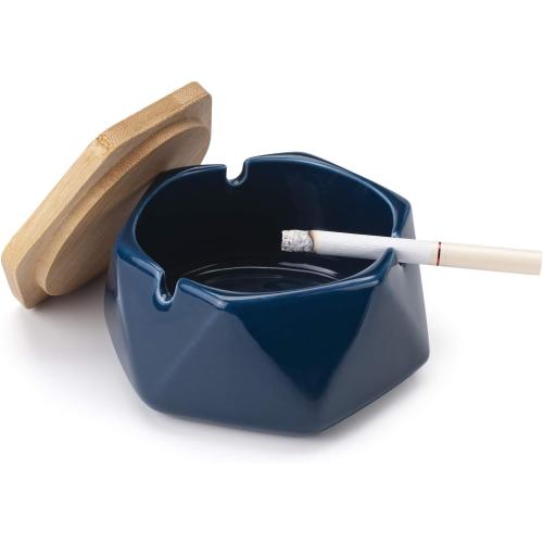 Ceramic Geometric Ashtray with Lid, Windproof Ceramic Ashtray for Indoor or Outdoor Use, Home Office Decoration, Dark Blue