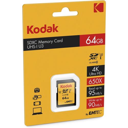 Kodak SDXC Card 64GB UHS-I U3 V30 Ultra - Up to 95MB/s Max Read Speed - Write Speed 85MB/s Max - Storage of 4K Ultra HD Videos and HD Photos - SD Card