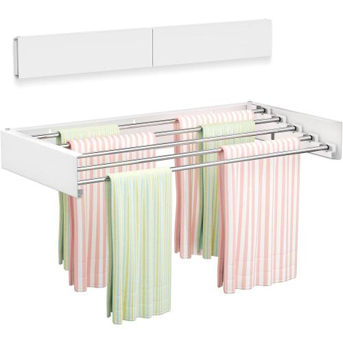 Vikaqi Wall Mounted Clothes Drying Rack 23.6, Foldable Wall Mount Laundry Rack Folding Indoor, Drying Rack Clothing Collapsible, Hidden Space Saver with Wall Template, 5 Rods, White