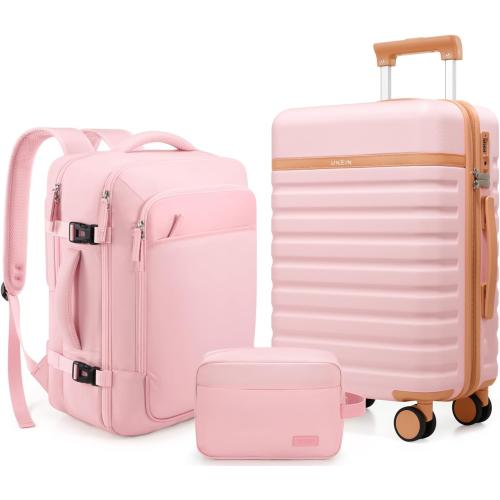 UKEIN Luggage Sets 3 Piece, Carry On Luggage 20In With Spinner Wheels,PC Hardside Suitcase Set with TSA Lock,Durable Carry On Suitcase With Travel Backpack for Men (Pink, 3 piece set (20inch))