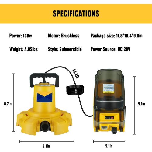 Cordless Submersible Sump Pump Compatible with Dewalt 20V Battery(Tool Only), 1320GPH Brushless Water Transfer Pump, Portable Electric Utility Pump w/ 15.4ft Cord for Garden Pond Pool Tub