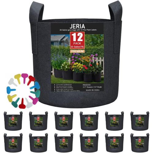 JERIA 12-Pack 20 Gallon Grow Bags, 300G Thickened Nonwoven Garden Pots,Heavy Duty Fabric Pots with Reinforced Handles