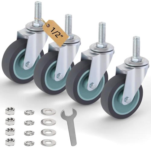 3 Inch Swivel Caster Wheels Set of 4, Heavy Duty Stem Caster Wheels 1/2 -13 x 1-1/2, Non-Locking 360 Degree TPR Rubber Casters for Furniture, Carts, Workbench
