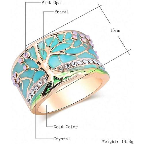 Lucky Flower Tree Rings Gold Pink Opal Green Enamel Wide Ring for Woman Party Crystal Vintage Jewelry