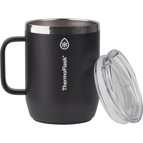 ThermoFlask Insulated Coffee Mug with Handle and Splash-Resistant Lid (12 oz, Jet Black) - Stainless Steel Travel Mug for Coffee & Tea