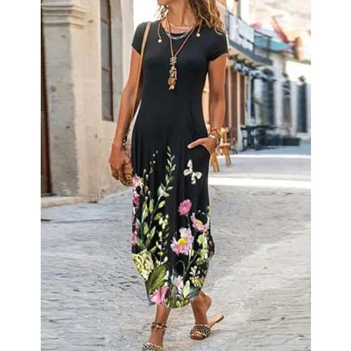 Women Small Summer Casual Maxi Dress Floral Printed Loose Pockets Short Sleeve Split Boho Dresses