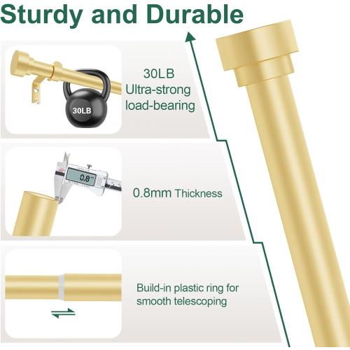 HEI! DEAR 2 Pack Gold Curtain Rods 18 to 60 Inch(1.5-5ft), 1 Inch Heavy Duty, Modern Decorative, Telescoping Window Curtains Rods, Brass Gold