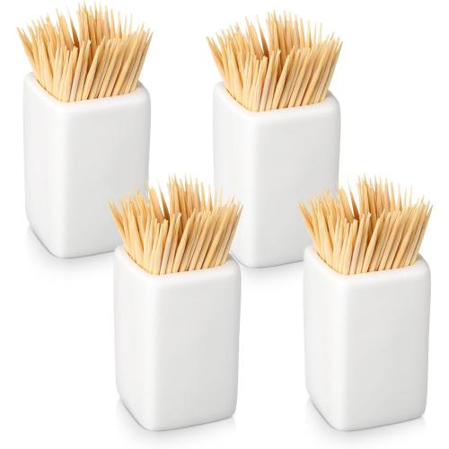 Mimorou 4 Pcs White Ceramic Toothpick Holder Simple Ceramic Toothpick Dispenser Container for Home Kitchen Charcuterie Board, Easy to Clean