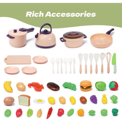 CUTE STONE 51-Piece Mini Play Kitchen Accessories for Kids, Pretend Cooking Playset with Pots, Pans, Utensils, Cutting Fun Fruits & Veggies, Learning Gift for Toddlers, Girls & Boys