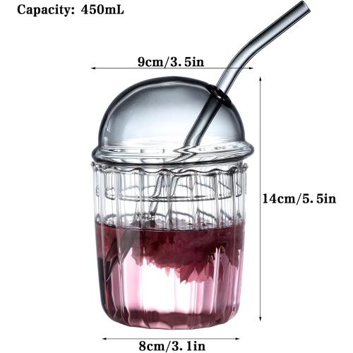 2 Pack....Cute Drinking Glasses with Dome Lid and Straw, Reusable Wide Mouth Smoothie Cups 15oz Glass Coffee Iced Cup Tumbler Glass Bubble Tea Cup for Coke Soda Home Office Bar((White)