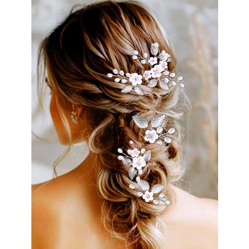 Yean Flower Bride Wedding Hair Pins Silver Leaf Bridal Hair Pieces Pearl Hair Accessories for Women and Girls (Pack of 5)