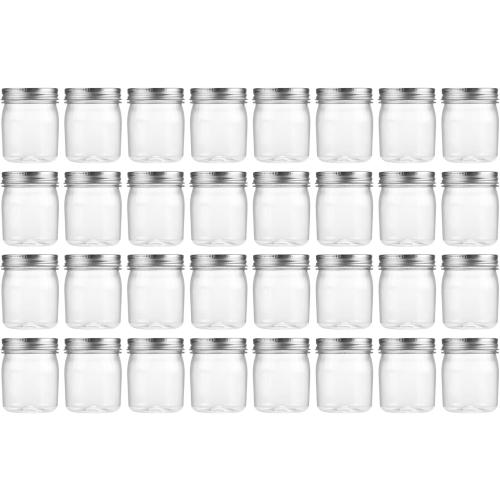 novelinks 8 oz Clear Plastic Jars with Airtight Lids, 32 Pack Plastic Mason Jars with Lids 8oz, Refillable Storage Slime Containers & Small Spice Jar for Kitchen Organization (32 Pack,Silver)