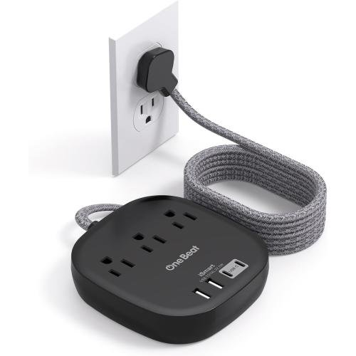 Flat Plug Power Strip, 5ft Ultra Flat Extension Cord - 3 Outlets 4 USB Ports (2 USB C) 22.5W/4.5A Desktop Charging Station, No Surge Protection for Cruise Ship, Dorm Room Travel Essentials