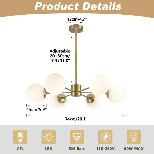 KCO 6-Light White Milk Glass Chandelier Brass Gold Sputnik Ceiling Light | E26 Bulb Included, Adjustable Height for Sloped Ceiling, Mid Century Modern Pendant Light for Dining Room Kitchen Living Room