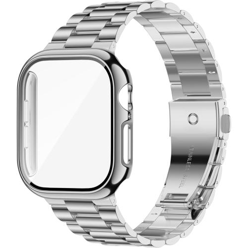 iiteeology Compatible with Apple Watch Band 46mm Series 11 Series 10, Upgraded Stainless Steel Band with iWatch Screen Protector Case for Men Women Silver/Silver