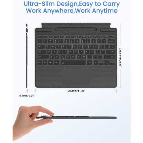 Dark Grey Surface Pro Keyboard, Wireless Type Cover for Microsoft Surface Pro 11/10/9/8/X 13 inch, Ultra-Slim Bluetooth Portable Magnetic Keyboard with 7 Color Backlit, Pen Holder, Trackpad