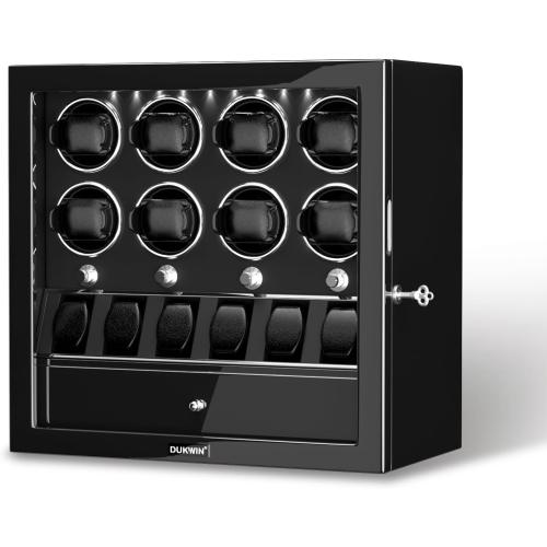 DUKWIN Watch Winder for 4/6/8 Automatic Watches, Lockable Winders with Watch Holders and Jewelry Storage, Super Quiet Motor with High-Gloss Finish, Built-in Illumination