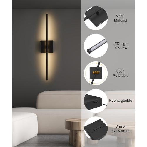 Battery Operated Wall Sconce with Remote Control,Wall Sconces Set of Two,3000K-6500K LED Wireless Wall Light for Bedroom, Hallway, Background Wall, 350°Rotate,26.6 Inch, Black(2 Pack)