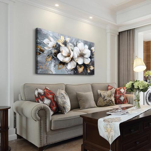 KELIYUAN Large Canvas Wall Art For Bedroom Wall Decor For Living Room Office Decorations Abstract White Flowers Paintings Pictures Artwork Modern Framed Posters Home Decor Ready To Hang 24x48