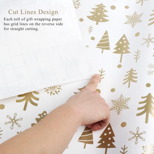 KIMOBER 4 Rolls Christmas Wrapping Paper with Cut Lines on Reverse,Coated Paper with Golden Christmas Elements(30in × 144in Per Roll)