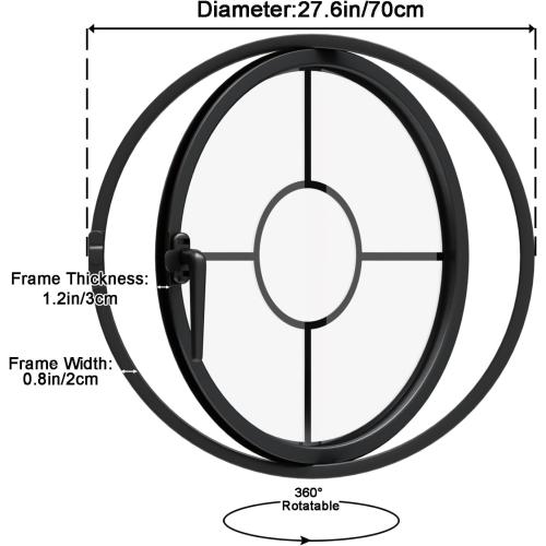 Rotating Round Porthole Window, 27.6, Black | Transparent Tempered Glass, Iron Frame, Center-Pivot with Handle, Decor Ventilation, Indoor Outdoor Use