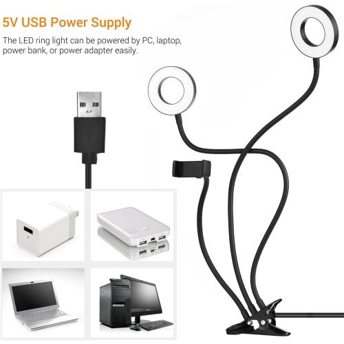 Andoer Clip-On LED Ring Light 3 Lighting Modes, USB Fill-in Lamp Dual Lights Dimmable Flexible Arms Design with Phone Holder for Live Video Chatting Selfie