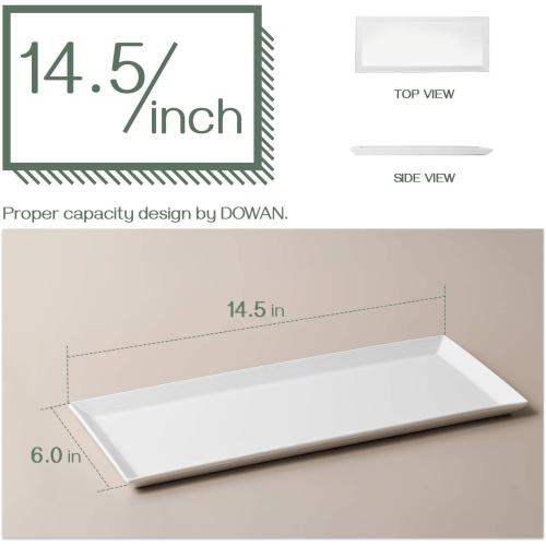 DOWAN 14.5 Rectangular Plates Set of 4 - Long Serving Trays for Sushi, Pasta, Chips, Appetizer, Cake - White Ceramic Rectangle Platter for Party, Restaurant, Banquet - Dishwasher & Oven Safe